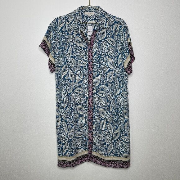 Loft Garden Shirt Dress Sz 10 Shift Blue Button Coastal Tropical Dainty Vacation - Picture 1 of 8